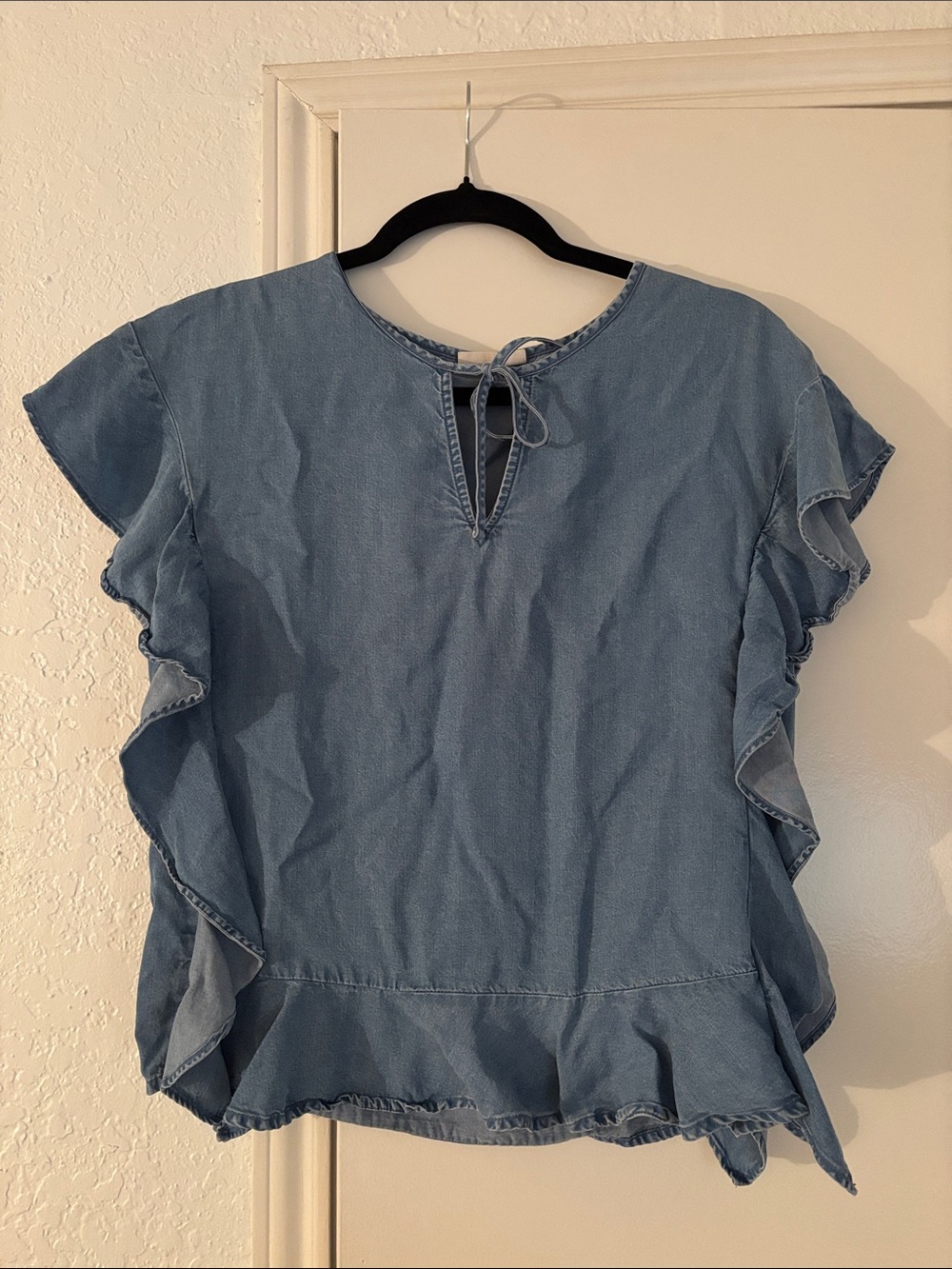 GAP Light Denim Ruffle Sleeve Tie-Front Top